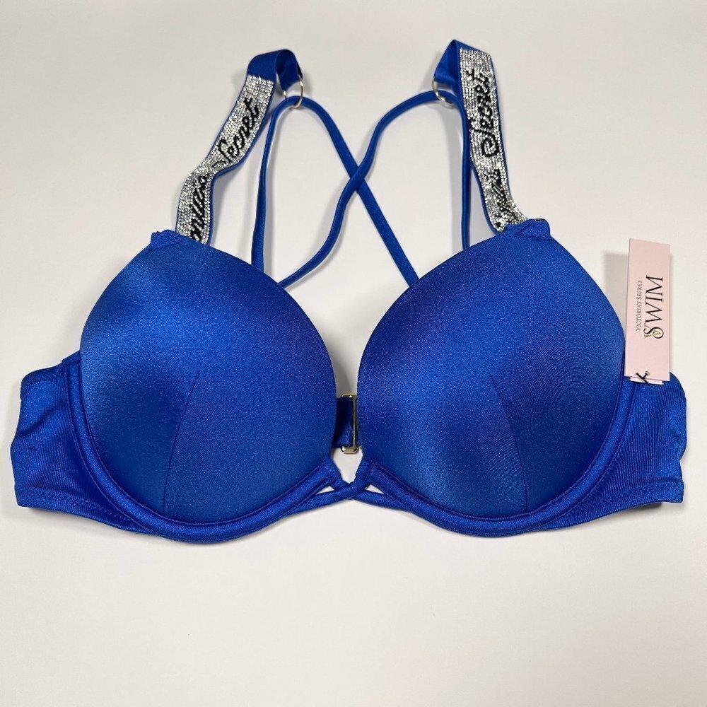 Victoria Secret 34A Bombshell Push Up Bikini Top LOGO Shine Strap Blue